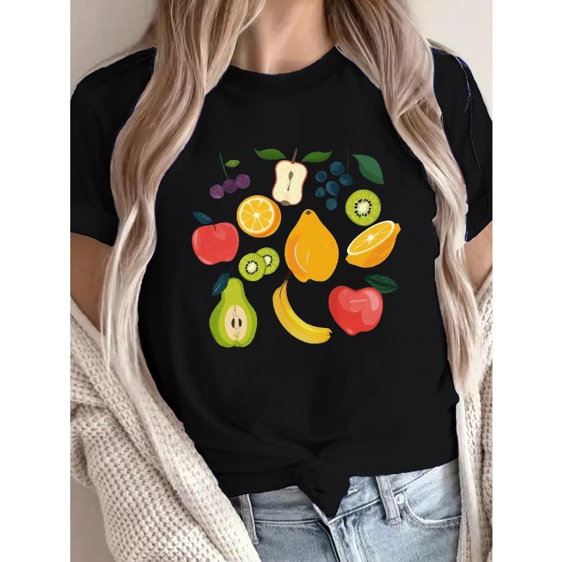 

Fruits Print Crew Neck T-Shirt, Casual Short Sleeve T-Shirt For Spring & Summer, Women s Clothing 4XL чорний