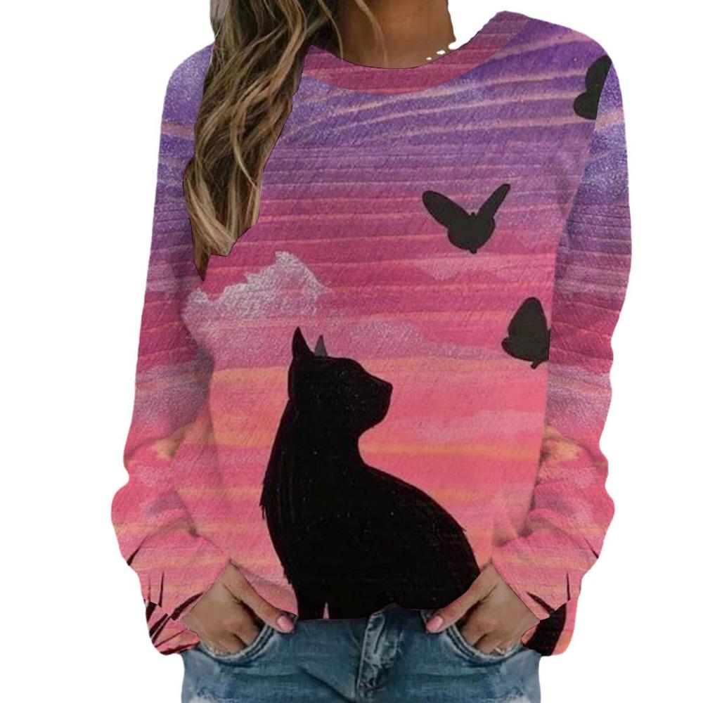 

New Fashionable Retro 3D Cute Cat Printed Women s Round Neck Long Sleeve T-shirt 5XL