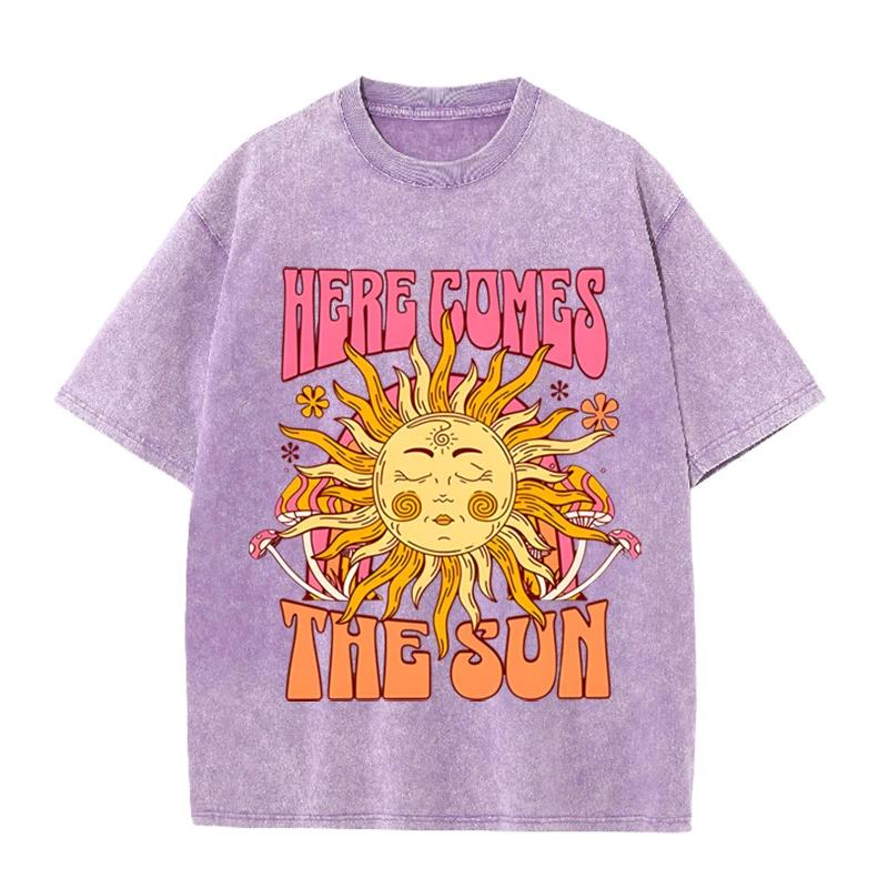 Vintage Black "Here Comes The Sun" T Shirt Retro Psychedelic Sun Acid Wash Tee