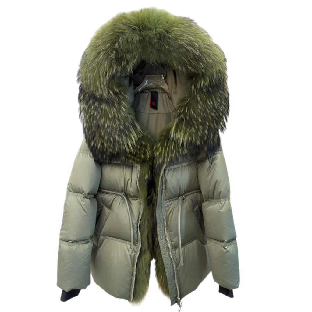 Deep winter thickened warm goose down jacket medium and long women's oversized natural real raccoon fur collar high-end jacket