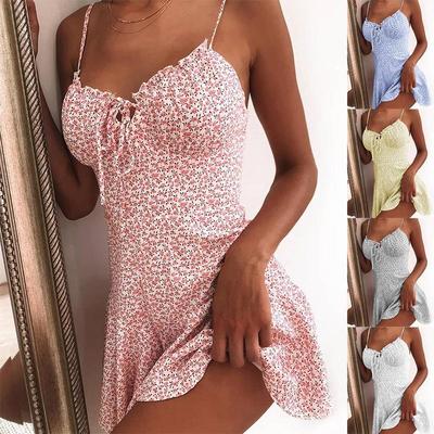 Womens Summer Dresses Casual Floral Spaghetti Strap A-Line Mini Sundress Silky Sleeveless V Neck Tank Vest Dresses