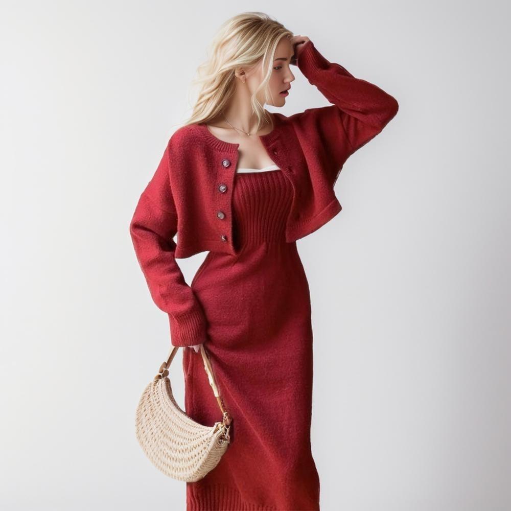 DIMANAF 2024 Otoño Conjunto de Dos Piezas Suéter Vestido Rojo Mujer Punto Liso Moda Estilo Casual Suéter Holgado