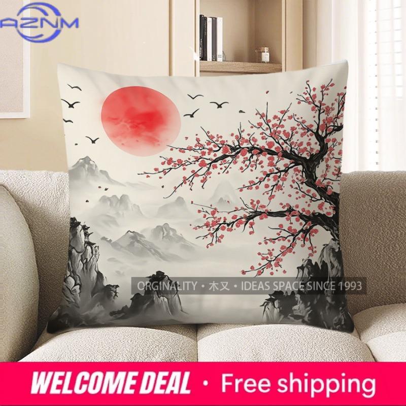 Home Decor Red Plum Blossom Pattern Throw Pillow Cover Pattern Cushion Cover Suitable For Sofa Bedroom Car Pillow Cover