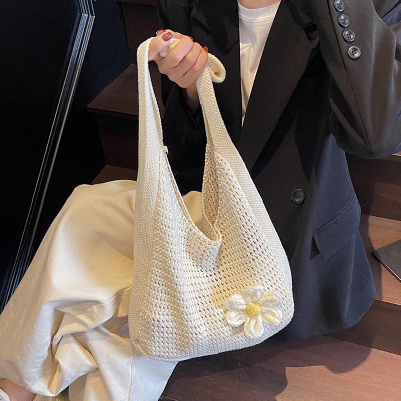 Floral Crochet Shoulder Bag Bohemian Knitted Hollow Out Tote Crochet Underarm Bag for Women Summer Beach CLE