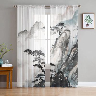 Landschaft im chinesischen Stil, Tinte, Fensterbehandlung, Tüll, moderne durchsichtige Vorhänge für Küche, Wohnzimmer, Schlafzimmer, Vorhänge, Dekoration