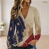 Women Plus Size V Neck Long Sleeve American Flag Printed Top Beige Navy Red Gathered Waist Flared Cuffs