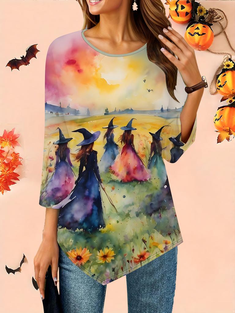 Women's Loose Round Neck Three Quarter Sleeve Tee 3D Halloween Pattern Ideal Halloween and Christmas Gift