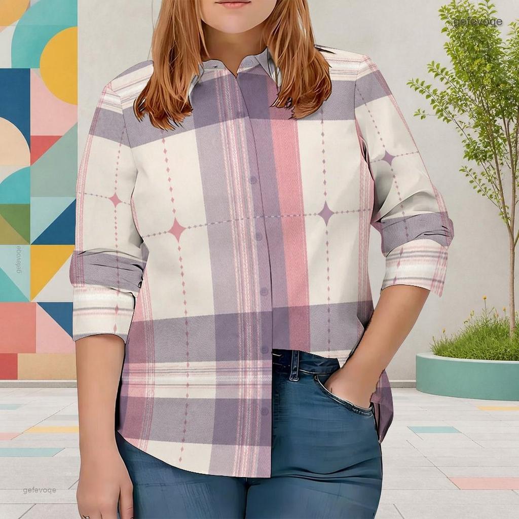 Women Plus Size Collared Neck Long Sleeve Plaid Printed Button Front Shirt Pink Gray White