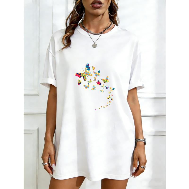 

Oversized T Shirt Dress Black Colorful Butterflies Print Casual Wear For Women Summer Outfit Street Style Fashion XXXXL білий