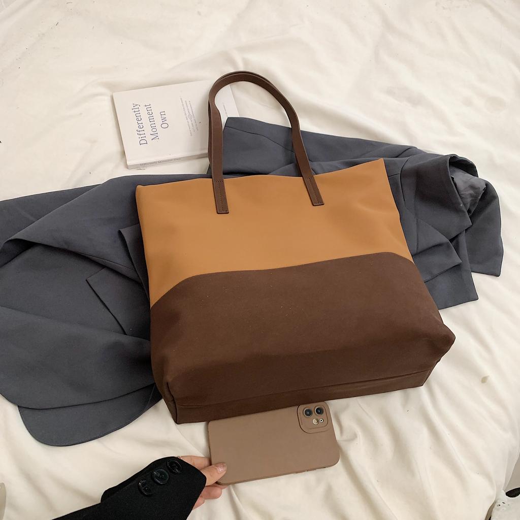 Neue Große Kapazität Mode Farbe Kontrastierender Stoffbeutel Segeltuchbeutel Einzelne Schulter Handgehaltene Damen Tasche Lässige Tragetasche