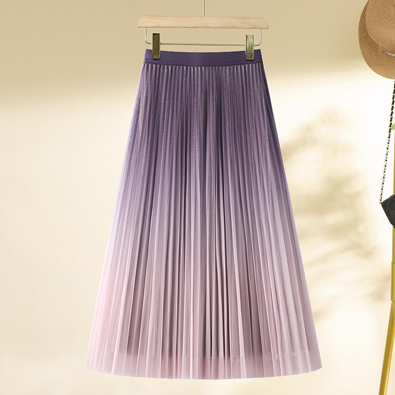 Women's Gradient Mesh Pleated Midi Skirt - 2025 Spring Collection, High Waist A-line with Slimming Drapes