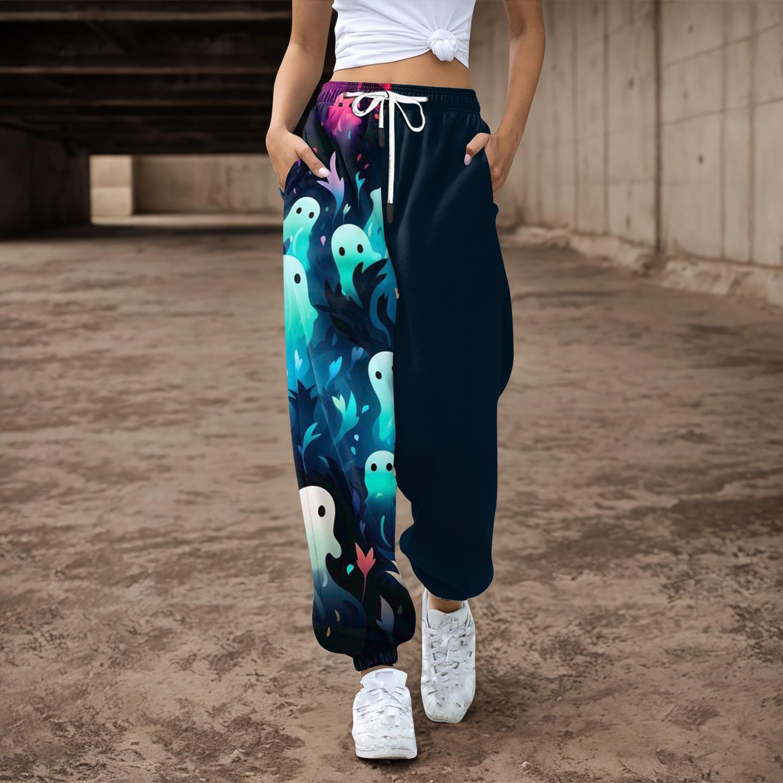 

Женские повседневные брюки с принтом на Хэллоуин, эластичные брюки с завязками на талии XL чёрный