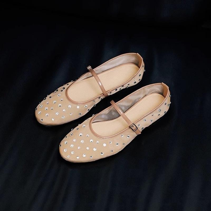 

Rhinestones Mesh Lace Mary Janes Women Ballet Flats Summer Casual Walking Loafers Girls Espadrilles Lazy Dance Shoes 41 абрикосовый