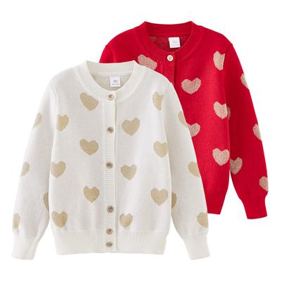 Roupa Infantil de Primavera e Outono Amor Jacquard Suéter Infantil Médio e Pequeno Cardigã Jaqueta Espessado Cardigã Tricotado para Meninas