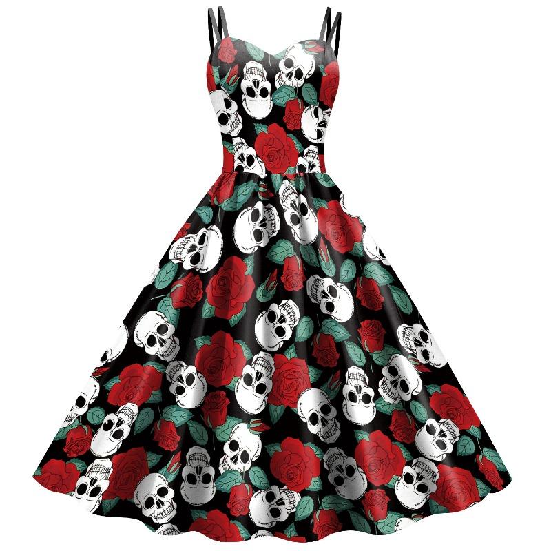 Source Women's Dress Halloween New Dress Suspender Skeleton Skull Head Digital Printing Dress Women
