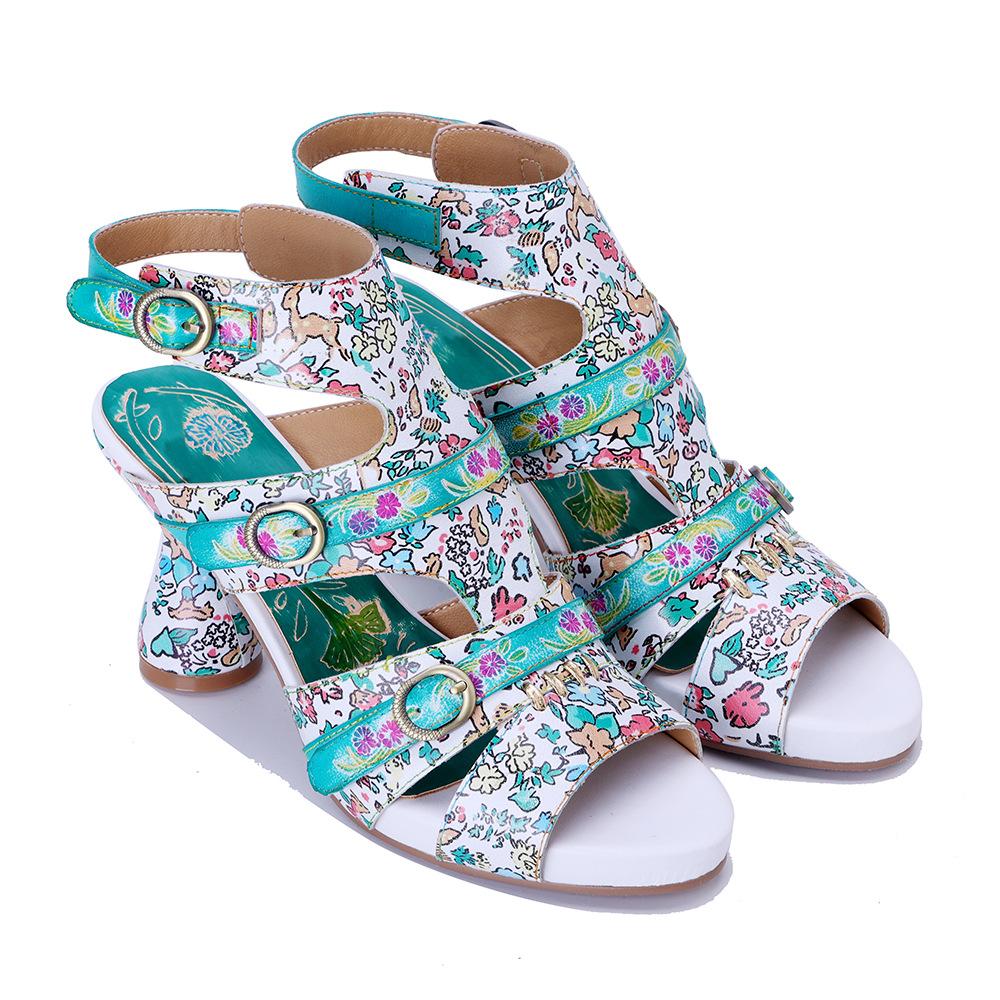 Johnature Sandály s otevřenou špičkou z pravé kůže s potiskem, ručně vyráběné, módní dámské boty na vysokém podpatku