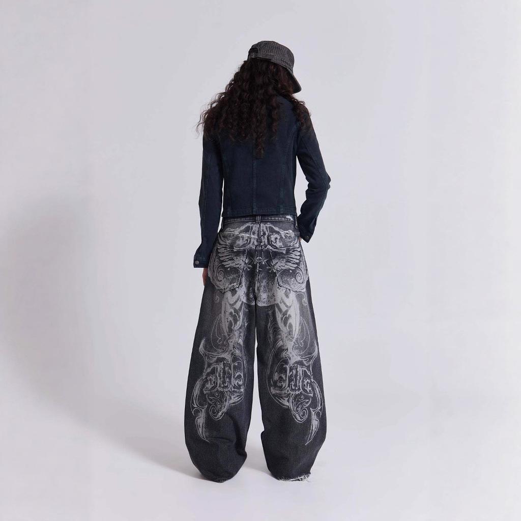 Jeans larghi oversize ricamati Streetwear Donna Y2K Harajuku Hiphop Retro Gotico Vita alta Pantaloni a gamba larga Pantaloni
