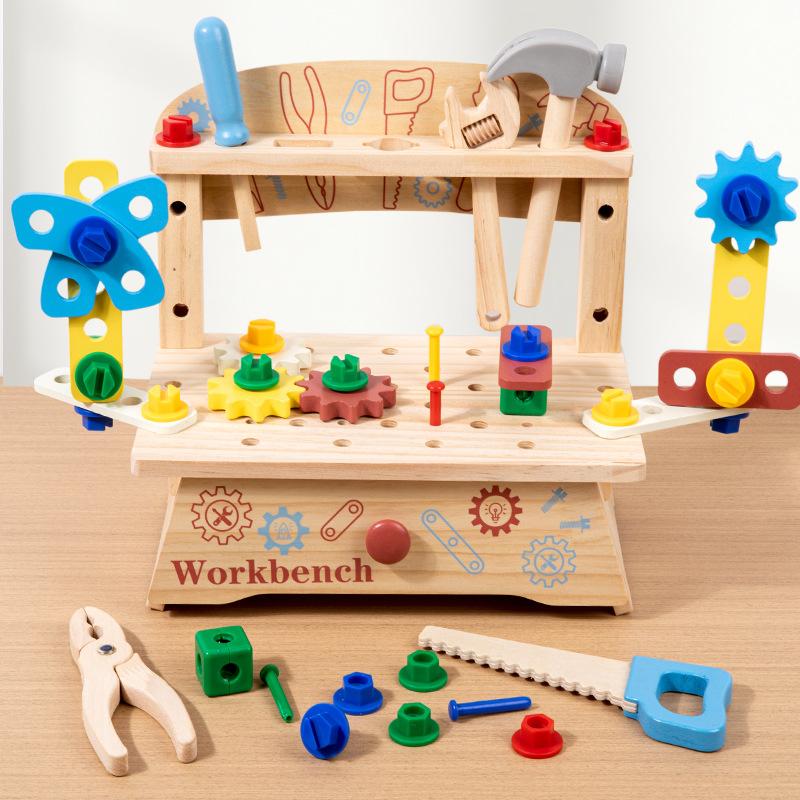Workshop Tool Bench for Toy Play Workbench Wooden Tool Bench Workbench with Tools Set Wooden Construction Bench Toy for Boy Kids