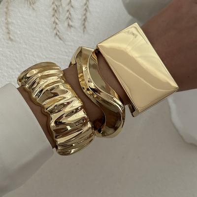 Vintage Irregular Geometric Metal Cuff Wide Bangles Punk Glossy Wave Spring Bangle Bracelet For Women  Chunky Jewelry