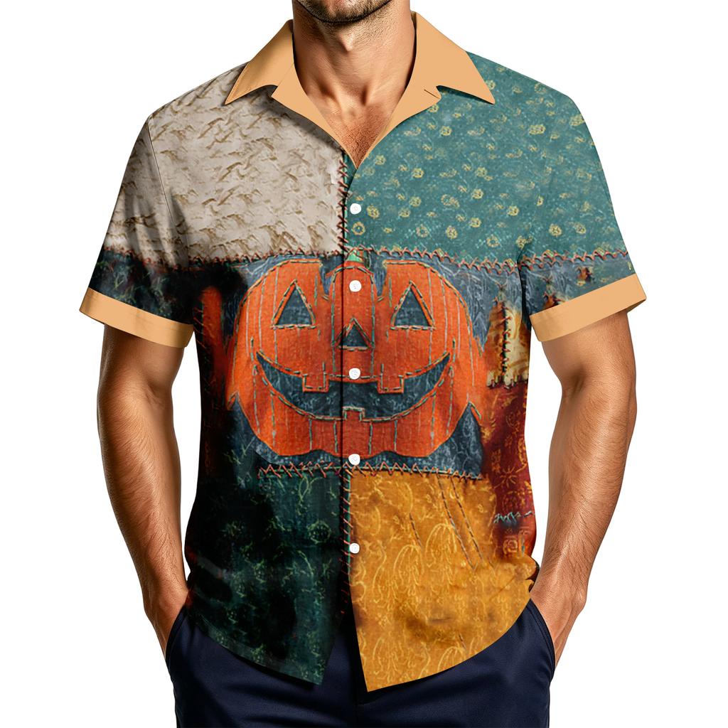 Men's Casual Short Sleeve Shirt with Halloween Print for Parties and Everyday Wear