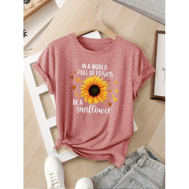 Women's European and American Summer Short-sleeve Shirt with Contrasting Colors and a Simple, Unique Sunflower Print Surrounded by a Heart