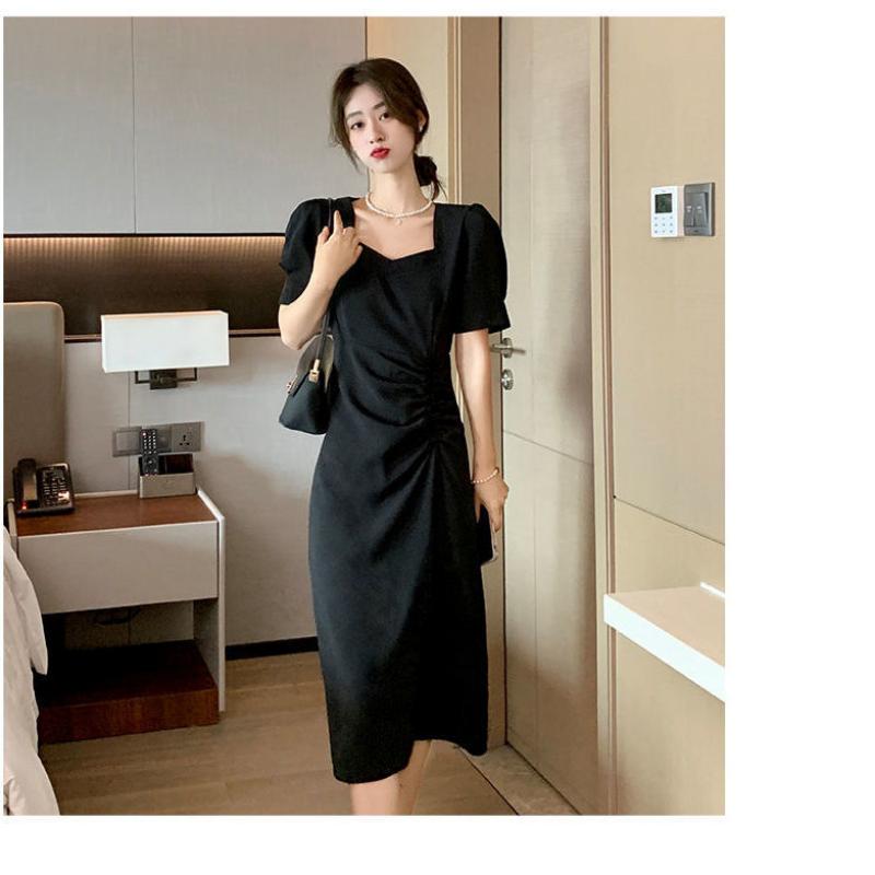 Vestido de verano de Color liso, elegante, con cuello cuadrado, cintura plisada, ajustado, manga de burbuja, vestido de moda