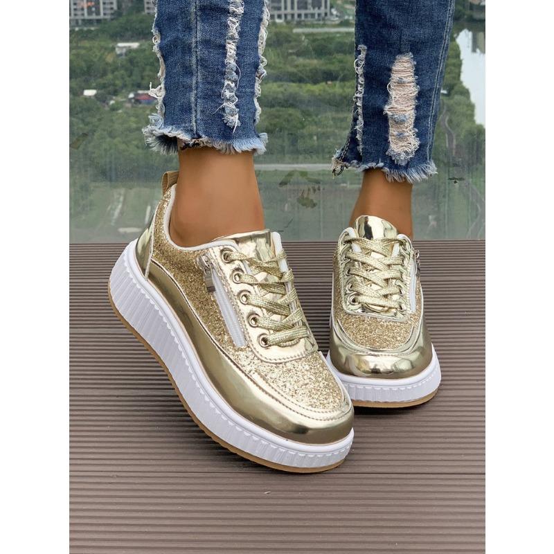Large size sequined platform casual sneakers for women's spring and autumn new lace-up bright leather single shoes for women