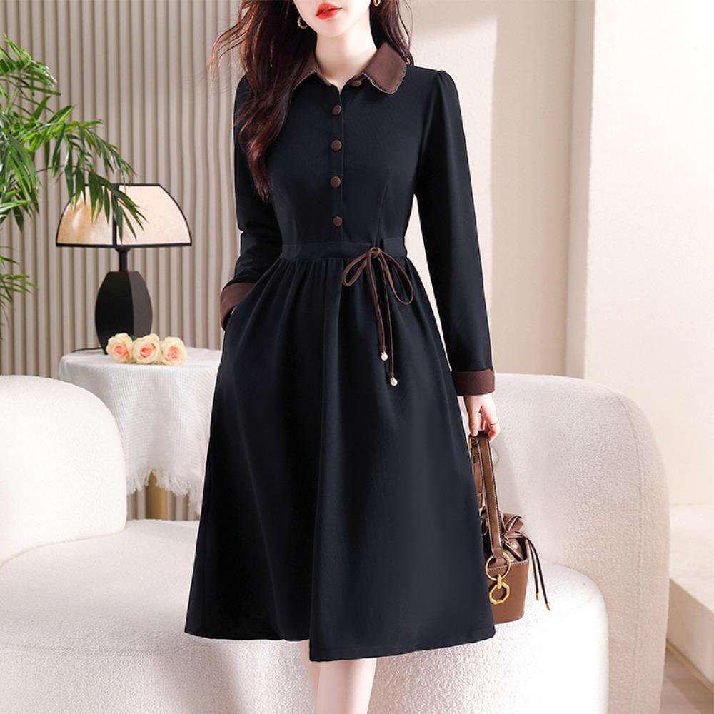 Women's Turn Down Collar Long Sleeve Midi Dress Loose Fit High Waist Elegant Shirt Dress