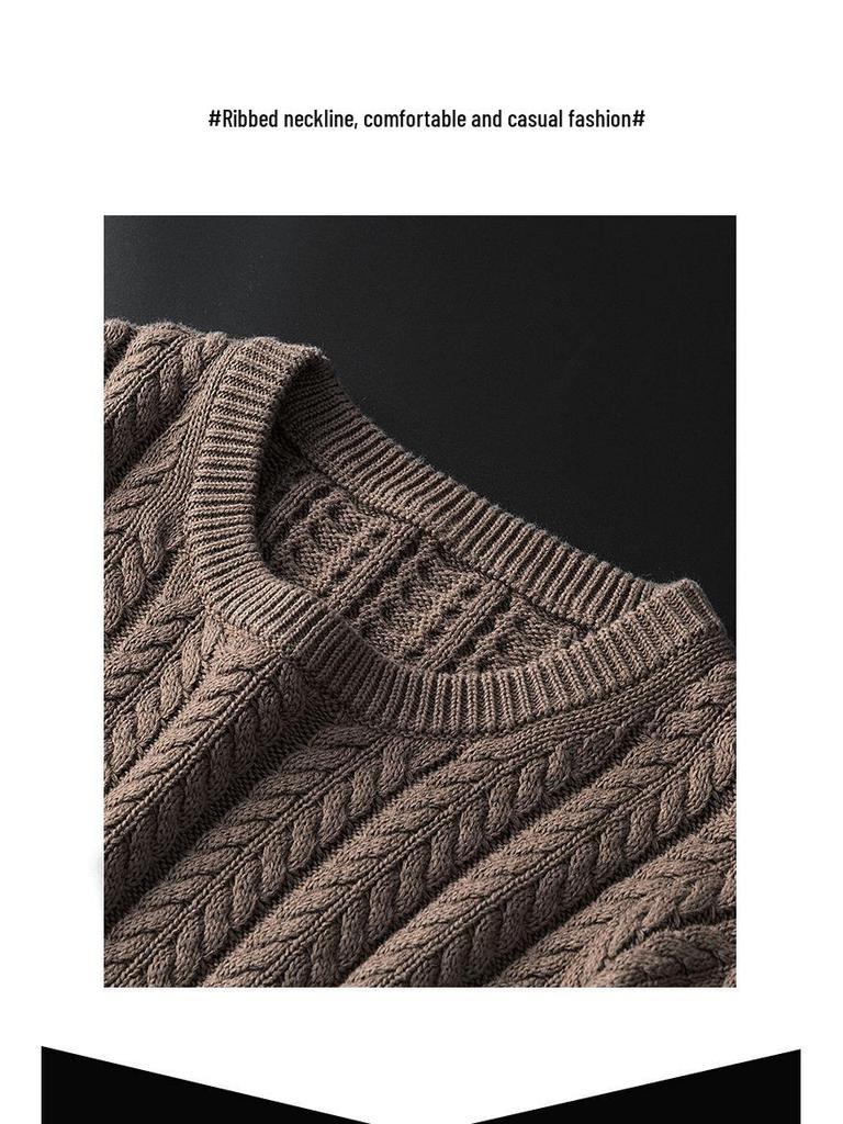 Men's Luxury All-Cotton Knitted Pullover - Thick, Solid Color, Velvet-Lined Cable Knit for Autumn and Winter