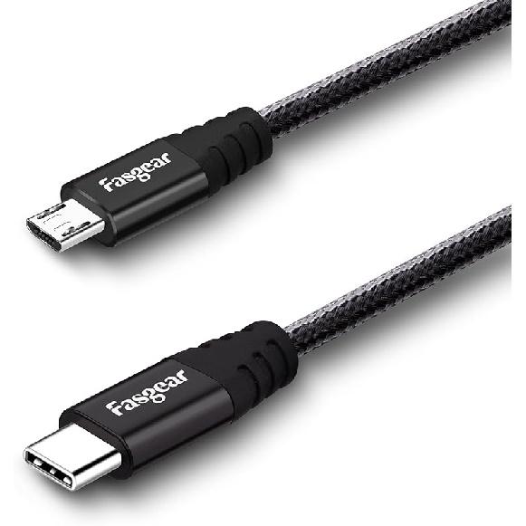 Fasgear USB C to Micro USB Cable 30cm Nylon Braided Type C to Micro USB Cord Compatible with Galaxy S7/S6, HTC One/10 and More (Gray, 1ft)