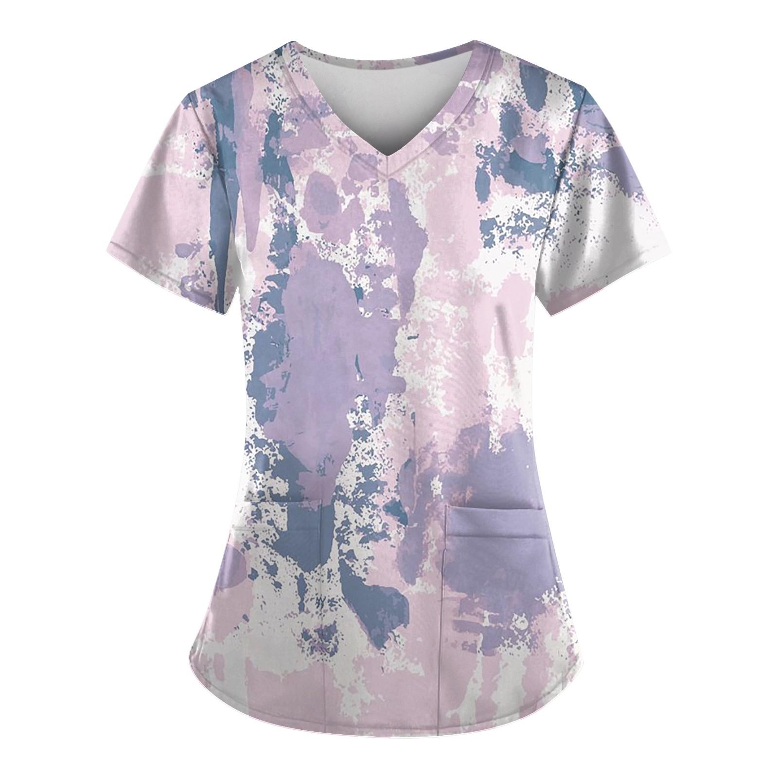 

Женская мода, рабочая одежда с v-образным вырезом, короткими рукавами и карманами, топы с принтом, летние топы для женщин XXL