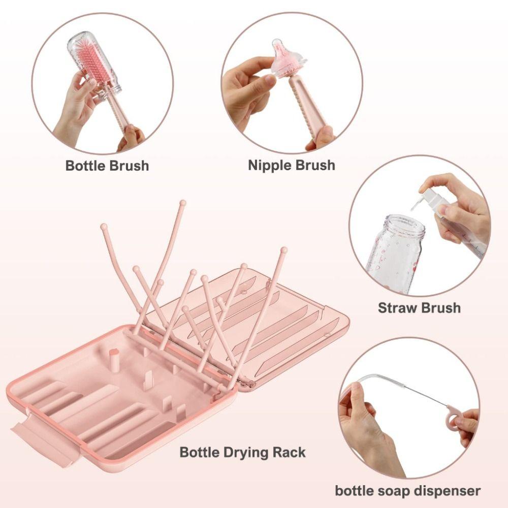 6 In 1 Set Bottle Cleaner Kit Compact Design Baby Bottle Brush Set Bottle Drying Rack  Baby Travel