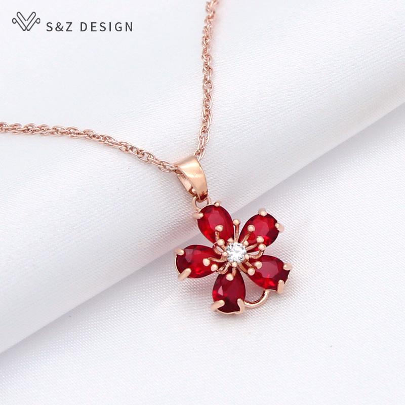 Fashion Cute Red Flowers Cubic Zirconia Drop Earrings Jewelry Sets For Women Party Rose Gold Color Pendant Necklace