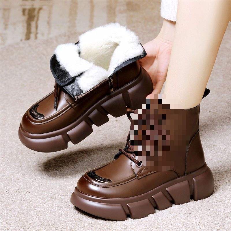 Fur integrated snow boots women's winter real soft leather cotton boots women's thick-soled Martin boots women's short boots thickened warm cotton 