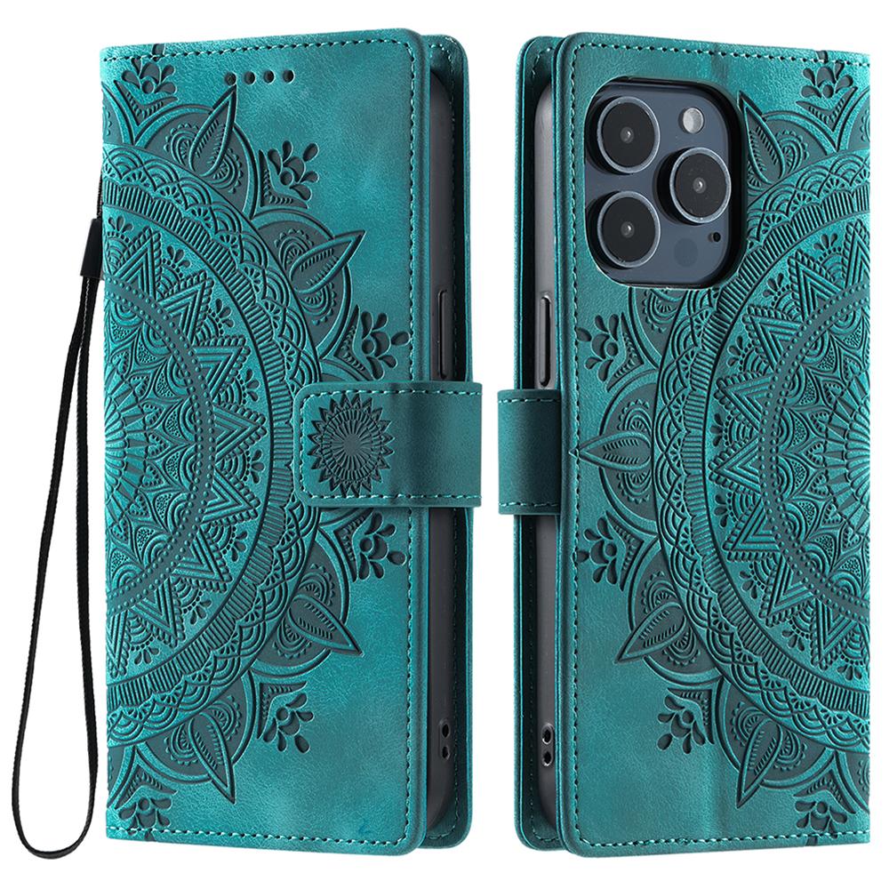 

Style 018 For iPhone 14 Pro Max Case Imprinted Totem Skin Feel Wallet Leather Phone Cover Mint Green