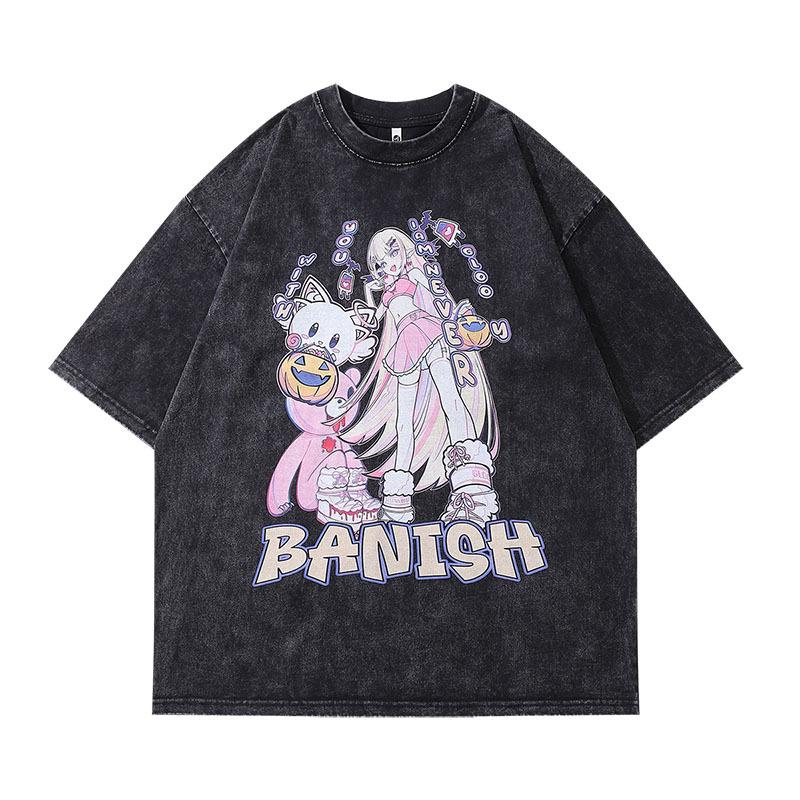 Cotton Anime Printed Crew Neck Oversize Men T-shirts Casual Short Sleeves Tops
