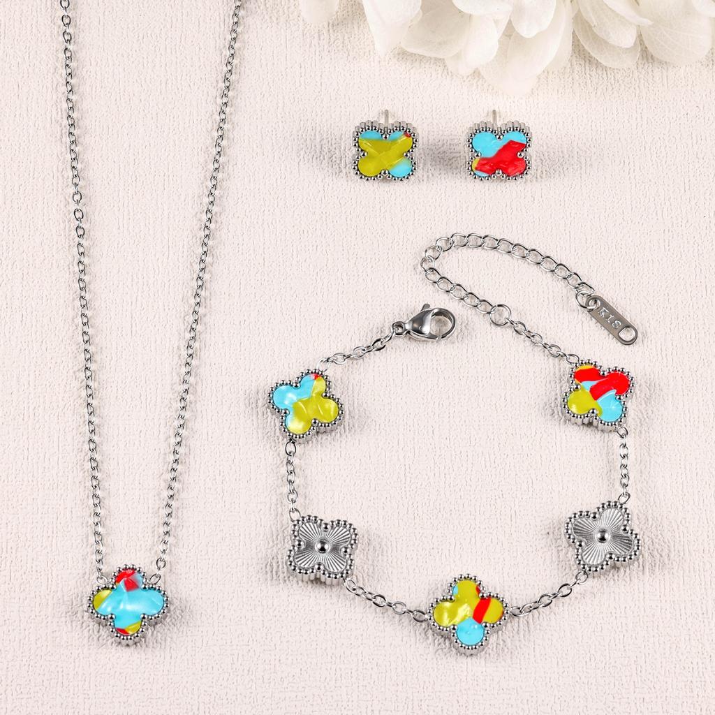 3-teiliges Kleeblatt Armband Halskette Ohrringe 18K Vergoldet Nicht Verblassend Leichter Luxus Mode Set