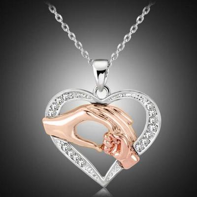 Women Mom Kid Fashion Hand-in-hand Heart-shaped Pendant Choker Short Necklace AVE