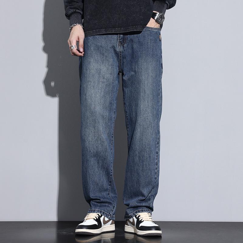 2025 Autumn Men's Blue Straight-Leg Loose Jeans, Fleece-Lined, Plus Size, American Retro Style, Thickened for Warmth.