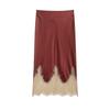 Z European Style 2025 Fashion Color-Block Lace Trim Silk Satin Skirt