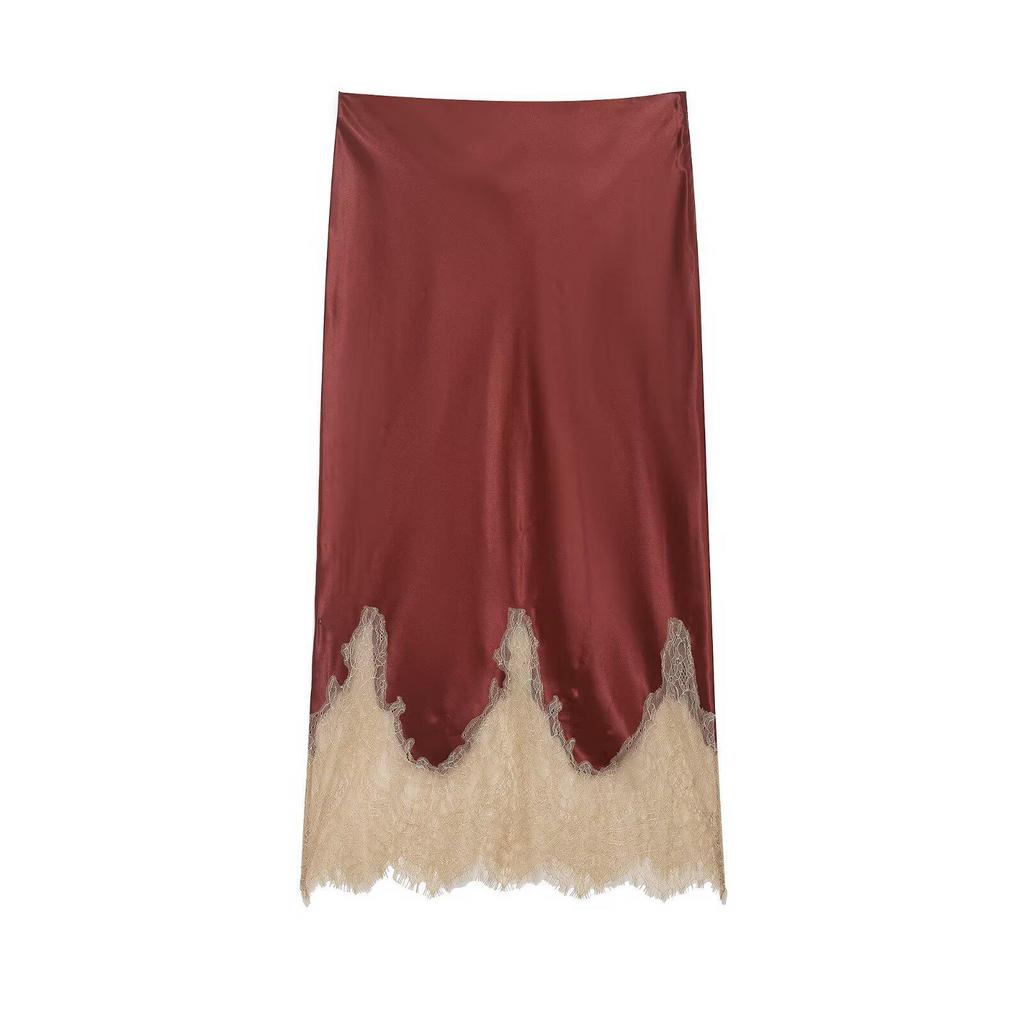 Z European Style 2025 Fashion Color-Block Lace Trim Silk Satin Skirt