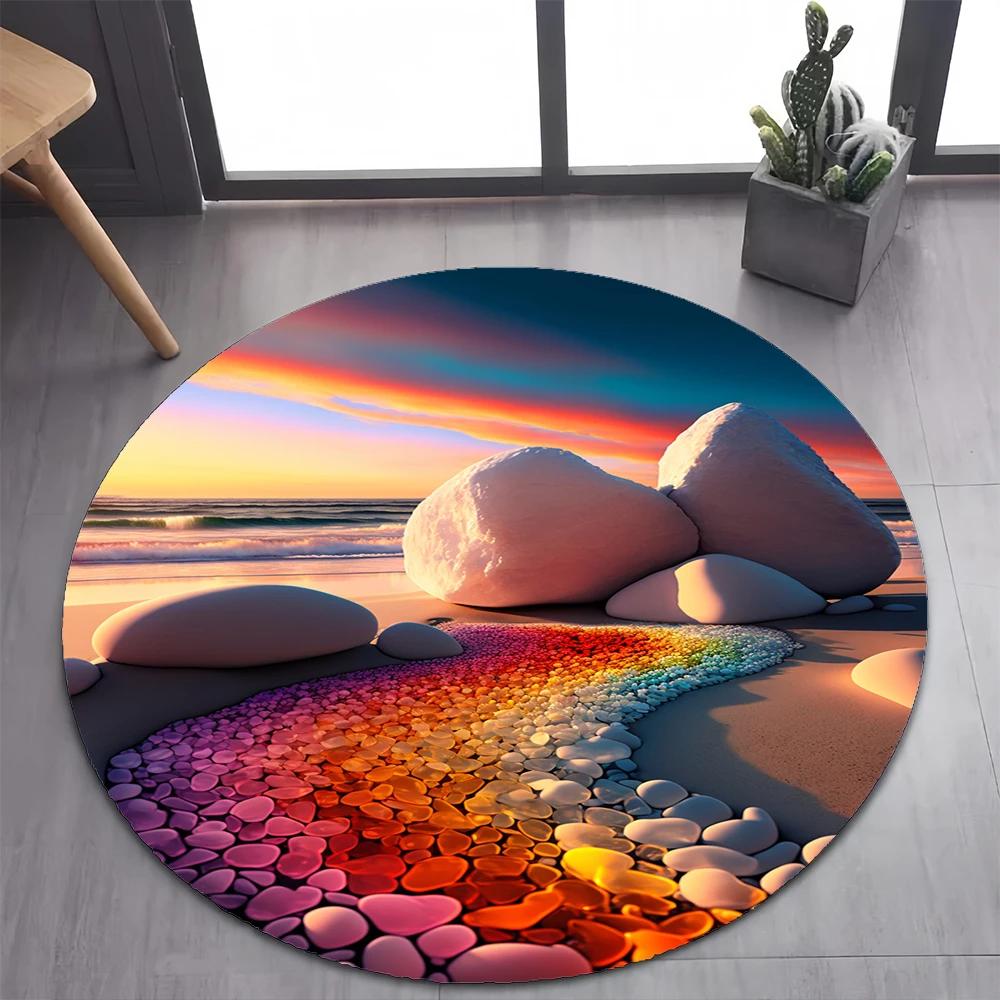 2025 New Style Colorful Pebble Rainbow Road Beach Stone Round Carpet Rug for Bedroom Living Room Decoration,pet Decor Floor Mat