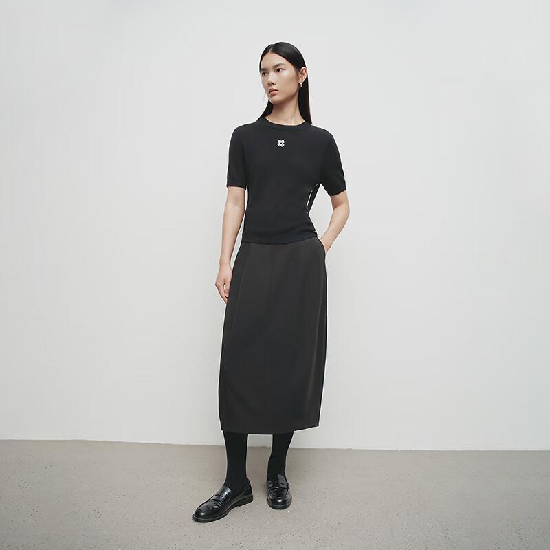 Women's Black Slit Hem A-Line Midi Skirt