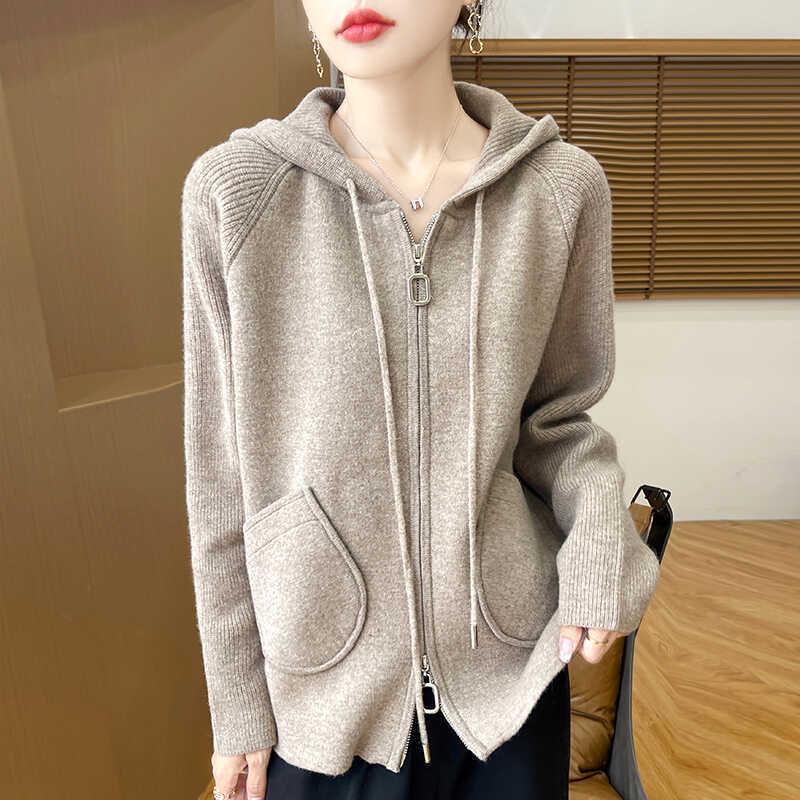 Women's Hooded Knit Cardigan 2024: Stylish Loose-Fit Zipper Sweater for Autumn-Winter