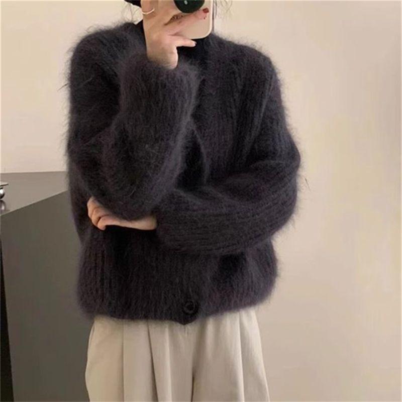 Women's Japanese Soft Vibe Faux Mink Knit Cardigan V-Neck Long-Sleeve Sweater Jacket Office Casual Short Outer Top