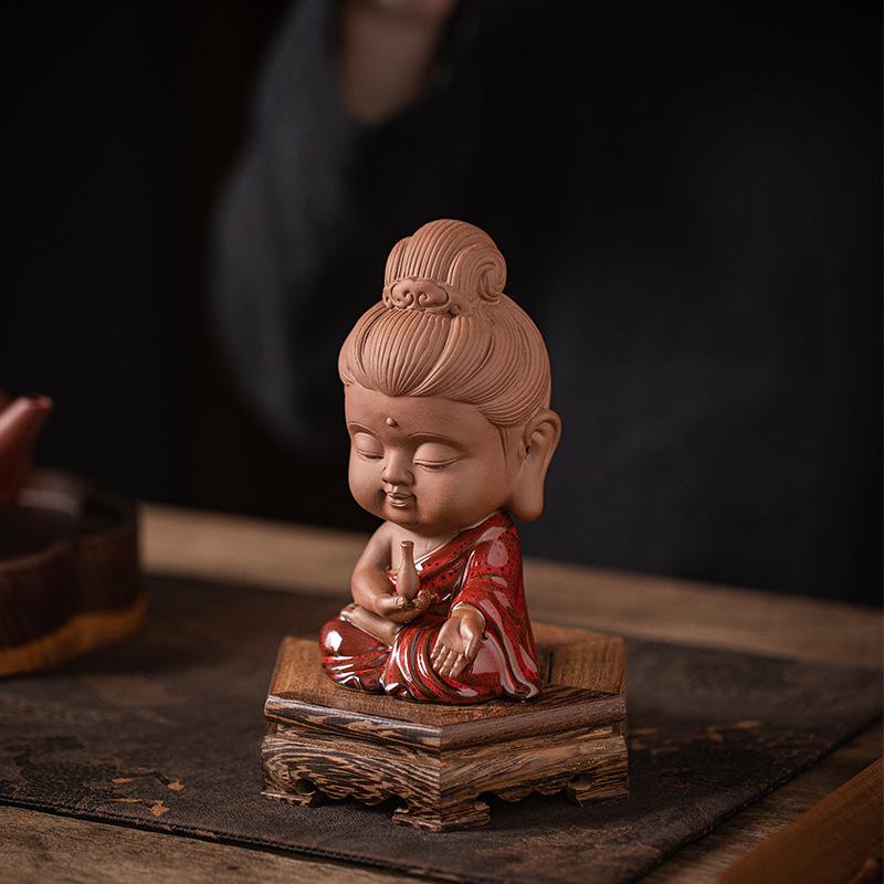 Saha Three Saints Buddha Ceramic Statue: Ksitigarbha, Tathagata, and Guanyin Tabletop Ornament