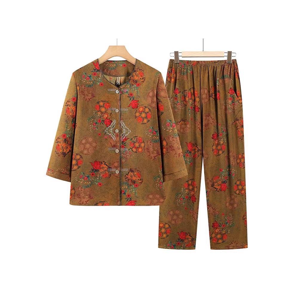 Plus Size Cotton Linen Floral Suit - Two-Piece Homewear Set for Middle-Aged & Elderly Women