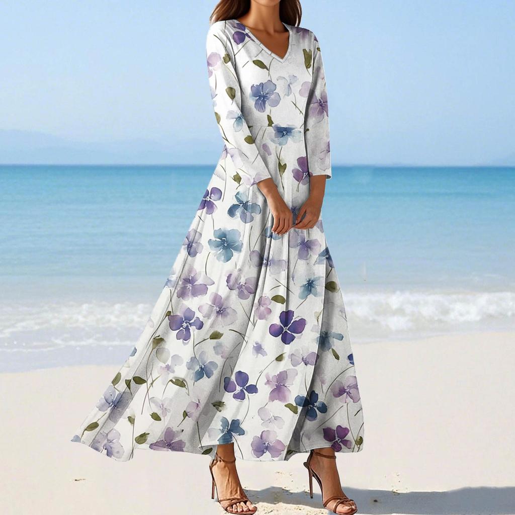 Women's Fashion V-Neck Floating Beach Dresses Seven Sleeve Floral Printed Dresses