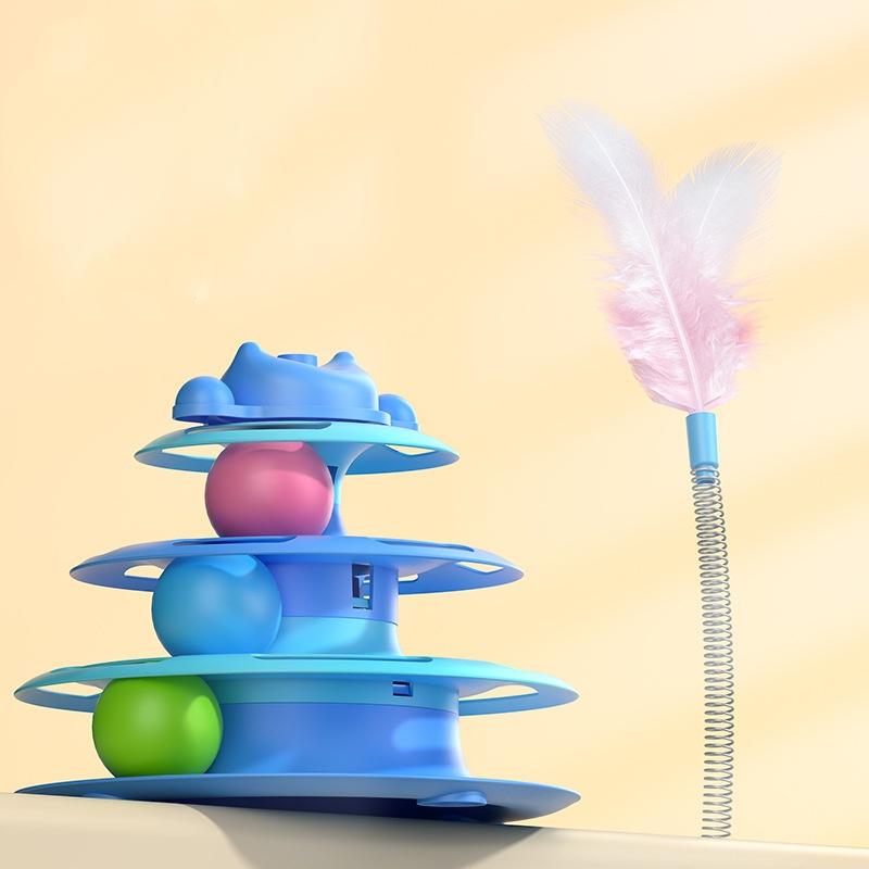 

4-Layer Feather Cat Turntable With Fun Toy Ball And Playing Stick - Interactive Toy For Cats