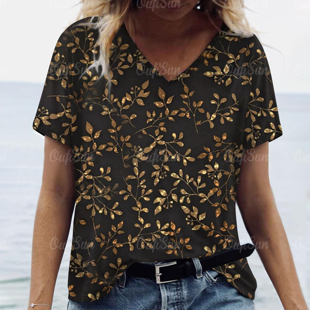 2024 Luxus Damen T-Shirt 3D Blumen- und Grasdruck Übergröße Damen Trend Kleidung Mode Kurzarmshirt Damen V-Ausschnitt Top